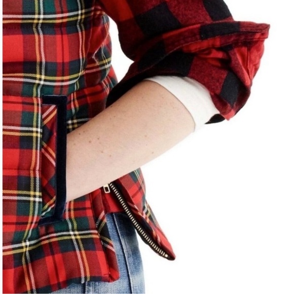 J. Crew Red Tartan Plaid Mountain Wool Blend Puffer Vest Velvet Trim- Size XS - Picture 4 of 14